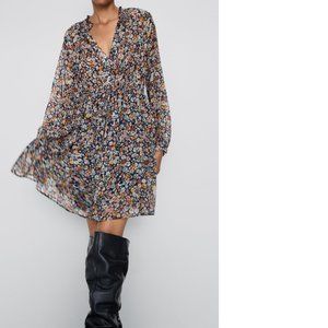 New ZARA Women's Size XS Black Floral Chiffon 3/4 Sleeve Flowy Short Dress Mini